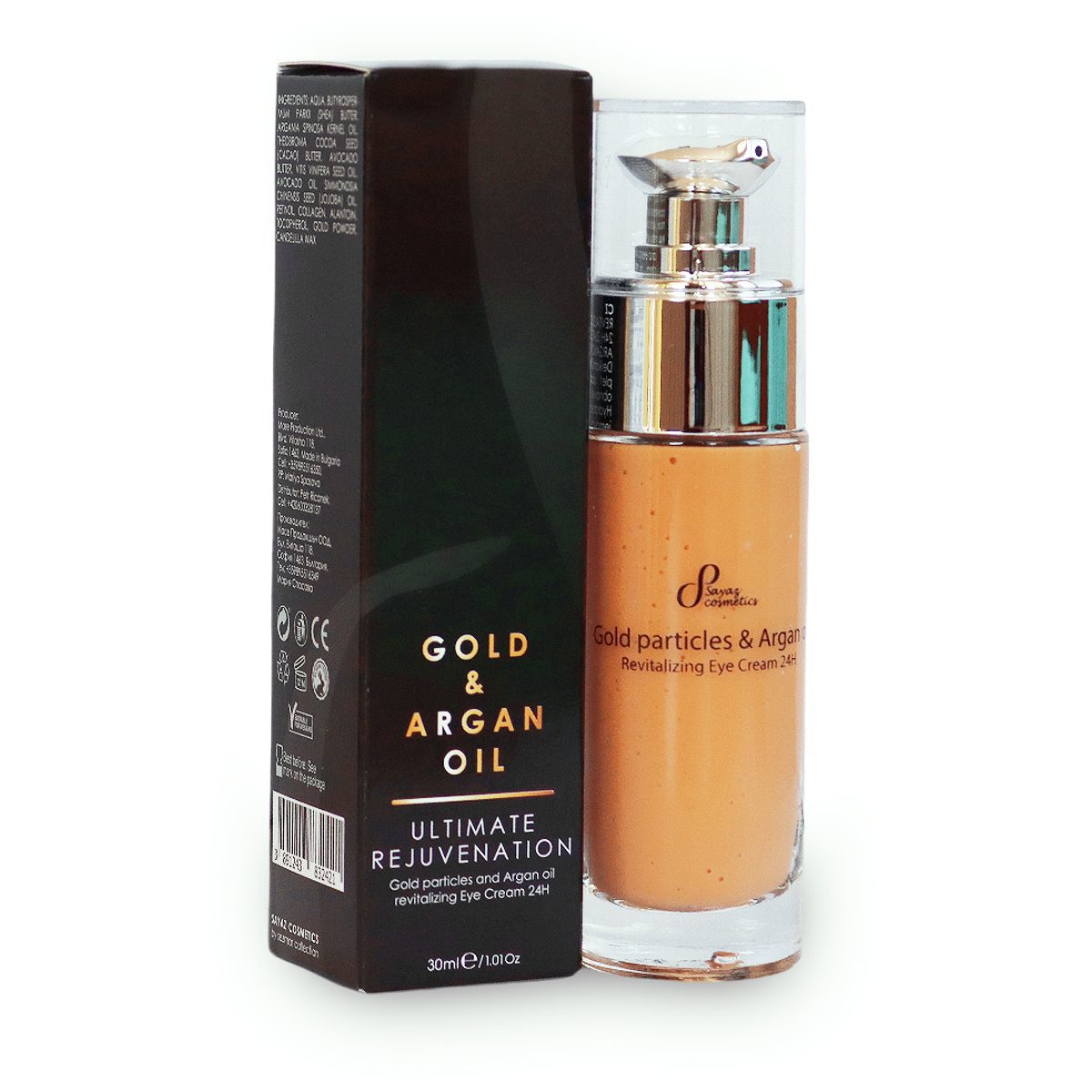 Cremă revitalizantă pentru ochi cu particule de aur și ulei de argan, formulă cu efect de 24 de ore, 30 ml