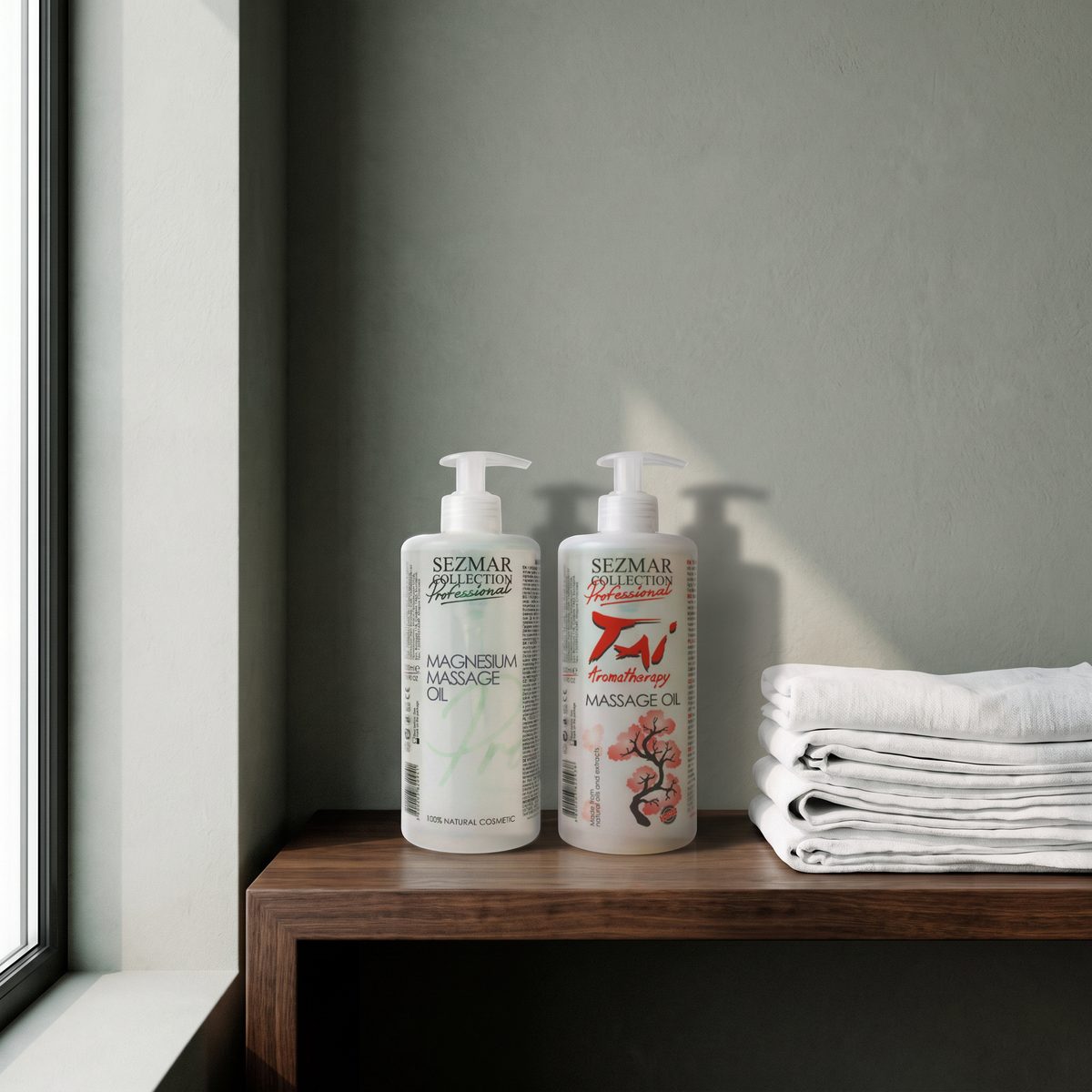 Magnesium and Tai massage oils 500 ml on a shelf with folded towels