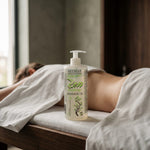 Zen Massage Oil 500 ml on a massage couch